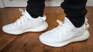 Adidas YEEZY 350 V2 Triple WhiteCream  Unboxing Review amp On Feet [upl. by Ykciv]