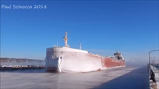 So Cold the Canal Froze  CSL Assiniboine arrives Duluth MN breaking ice [upl. by Dowling420]