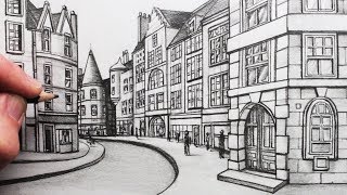 How to Draw Buildings in Perspective A Street in Edinburgh [upl. by Sirad890]