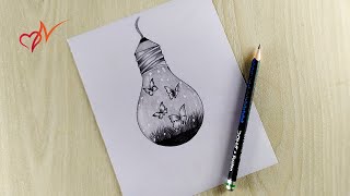 Creative light bulb drawing  Butterflies are flying in the bulb  Easy pencil sketch drawing [upl. by Deloris81]